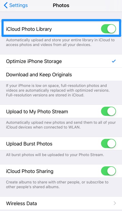 Turn On iCloud Photo Library on iPhone